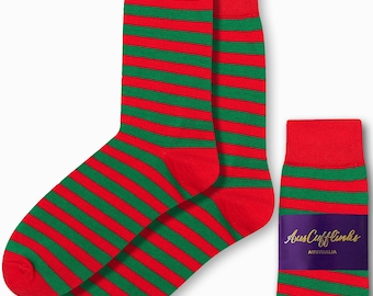 Elf Green Red Socks | Everyday Casual Christmas Stripes Socks for Men Holiday Gift for Christmas Party Goers | Perfect Gift Idea for Him