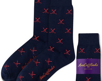 Navy & Red Cross Ice Hockey Socks | Fun Sports Socks for Men | Athletic Hockey Gift | Cool Novelty Athletic Socks for Players and Fans