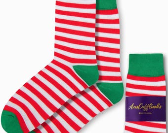 Elf Red White Socks | Everyday Casual Christmas Stripes Socks for Men | Fun Festive Holiday Gift for Christmas | Perfect Gift Idea for Him