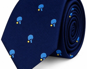 Table Tennis Skinny Tie | Navy Blue Novelty Necktie for Men | Embroidered Ping Pong Paddle Design | Gift for Players, Coaches & Sports Fans
