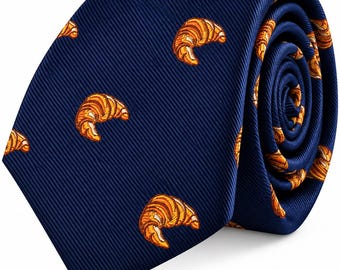 CROISSANT SKINNY TIE | Navy Blue Pastry Necktie | French Bakery Food Tie | Fun Croissant Gift for Bakers, Chefs and Food Lovers