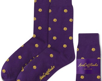 Purple and Yellow Basketball Socks | Casual Style Socks for Players, Coaches, and Fans Gift for Sports Enthusiasts | Christmas Gift for Him