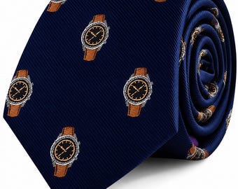 WATCH SKINNY TIE | Navy Blue Novelty Necktie for Men | Embroidered Wristwatch Design | Gift for Watch Lovers, Collectors & Formal Events