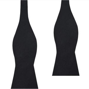 May include: Two black silk bow ties, presented against a white backdrop. The bow ties have a textured finish and a traditional butterfly design, ideal for formal occasions. The ties are a dark, solid colour.