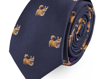 Corgi Dog Skinny Tie| Mens Slim Necktie for Wedding, Work Neck