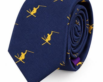 Ski Skinny Tie | Gift Thin Necktie for Ski Lovers, Players, Coaches, Fans | Birthday, Christmas Special Gift | Ski-Themed Stylish Men’s Tie