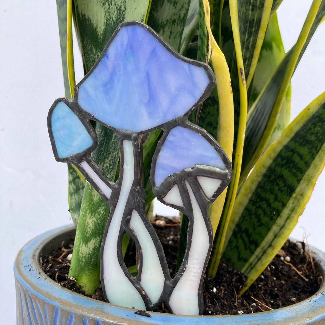 Iridescent Mushroom Stained Glass Plant Stake pale blue Etsy