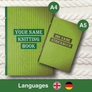 May include: Two green knitting book covers with a knitted pattern. The larger cover is labelled "YOUR NAME KNITTING BOOK" and the smaller cover is labelled "IHR NAME STRICKBUCH".