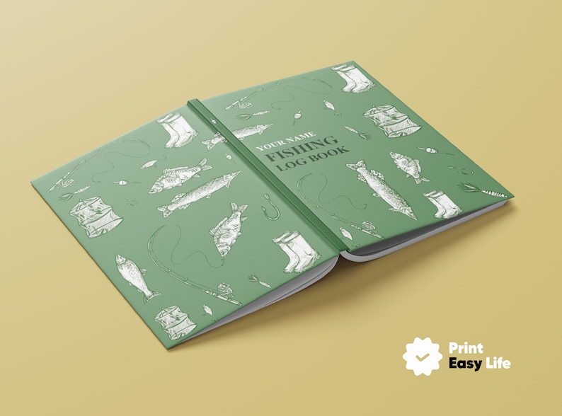 May include: A green fishing log book with a white illustrated design of fish, fishing rods, boots, and tackle boxes. The text on the cover reads "Your Name Fishing Log Book".