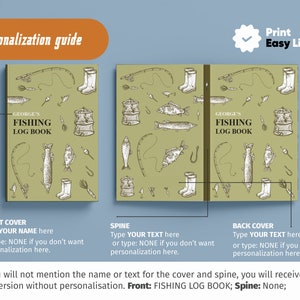 May include: A personalization guide for a fishing log book. The front cover features a green background with illustrations of fishing gear and fish. The text "GEORGE'S FISHING LOG BOOK" is printed in black. The spine is blank. The back cover is identical to the front cover.
