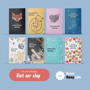May include: A set of eight colorful book covers with different designs. The covers feature illustrations of a fox, a cat, yarn, a person knitting, vegetables, a mortar and pestle, kitchen utensils, and fruit. The text on the covers reads "Miriam's Knitting Book" and "Liv's Recipe Book".