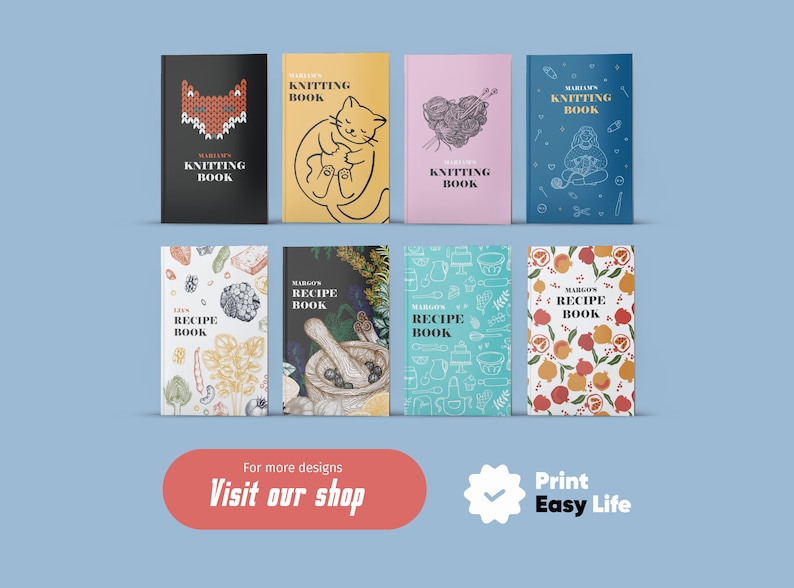 May include: A set of eight colorful book covers with different designs. The covers feature illustrations of a fox, a cat, yarn, a person knitting, vegetables, a mortar and pestle, kitchen utensils, and fruit. The text on the covers reads "Miriam's Knitting Book" and "Liv's Recipe Book".