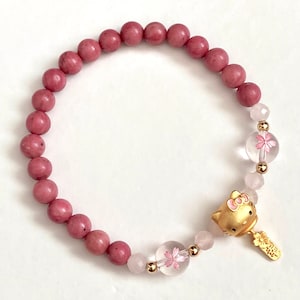 Cherry Blossom Clear Quartz Rhodonite Rose Quartz Crystal Bead Bracelet Sakura Gold Kitty Kawaii Cute Happiness Charm Pink LOVELY VIBES