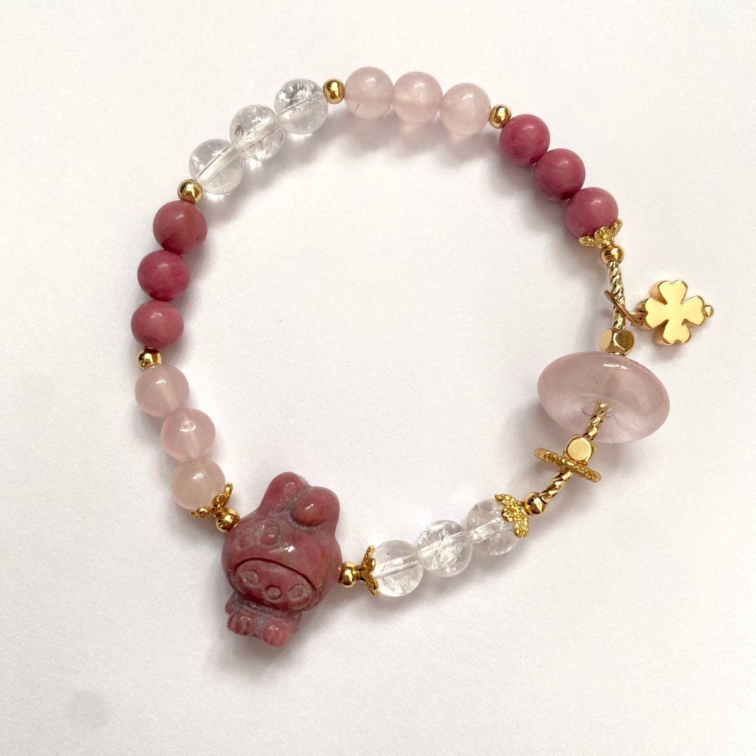 Rose Quartz Rhodonite Cute Bunny Crystal Carving Bracelet Crackle ...