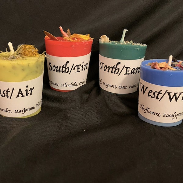 Calling the Quarters / The Four Elements (North South East West) (Earth Wind Fire Air) Herbal Votive Candles (4 candles) - Soy/Beeswax Blend