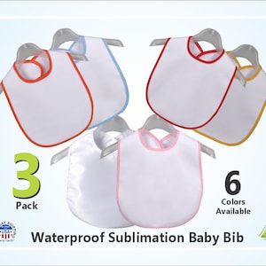 Könnte beinhalten: Ein Set mit 3 weißen, wasserdichten Baby-Lätzchen mit verschiedenen farbigen Einfassungen. Die Lätzchen sind für den Sublimationsdruck geeignet. Der Text auf dem Bild lautet "3 Pack" und "Wasserdichtes Sublimations-Baby-Lätzchen".
