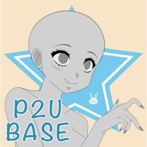 May include: A gray and white line drawing of a female anime character with a smiling expression. The character is drawn in a simple style with large eyes and a small mouth. The character is standing with one arm raised and a hand outstretched. The background is a light blue star with a white outline.