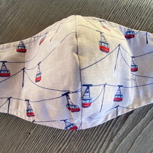 Face Mask - Skiing Tram Theme - Washable, Reusable & Adjustable (2-layer or 3-layer w/filter pocket/Metal Nose Piece Option Available)