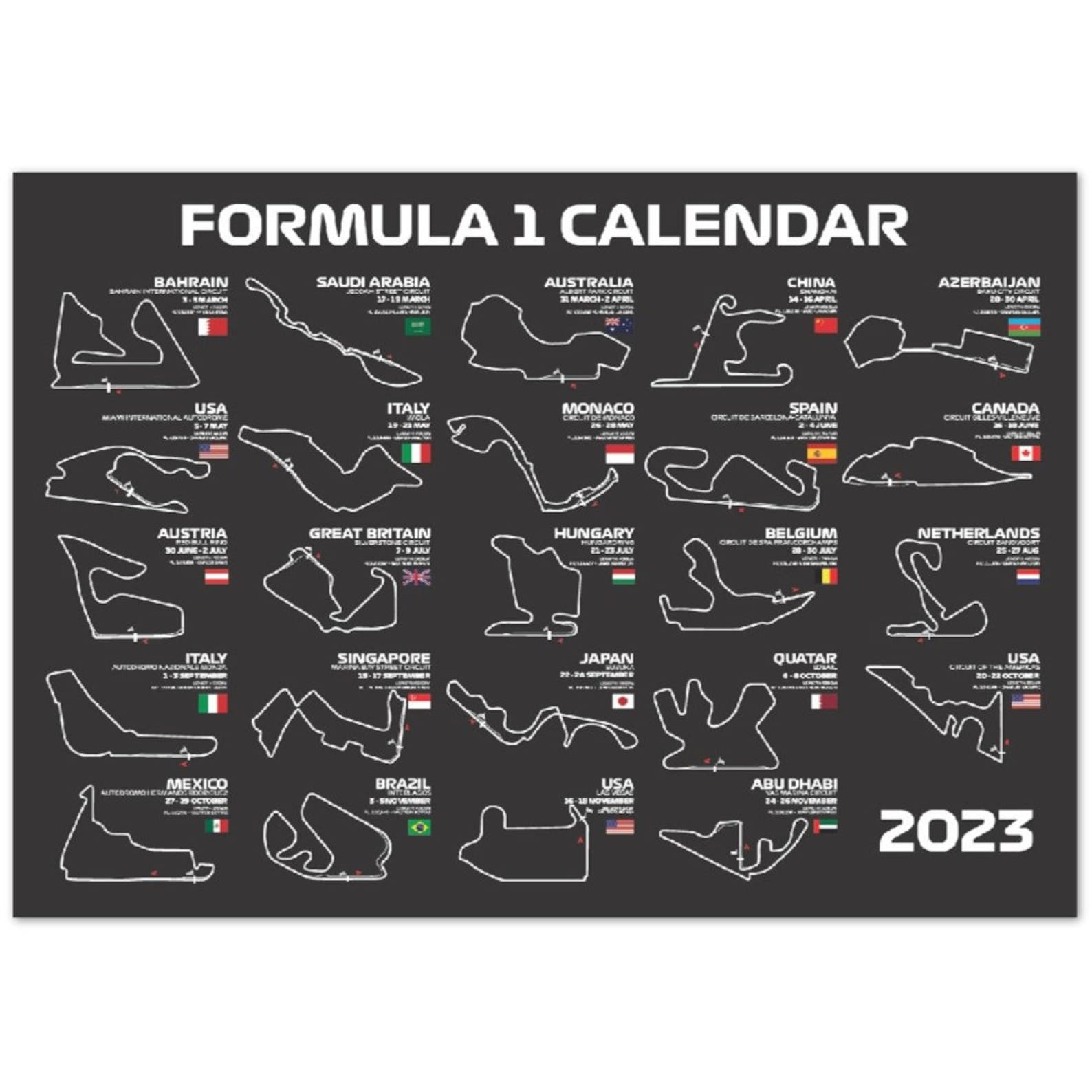 Formula 1 2023 Calendar black RACING POSTER FORMULA 1 Etsy