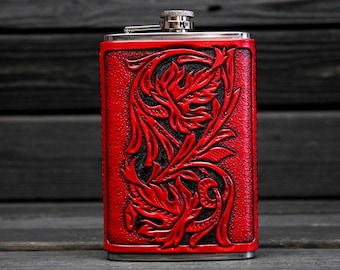 Handmade red leather flask Sheridan, Women&#39;s red leather flask Sheridan, Stainless steel handcrafted red leather flask Sheridan