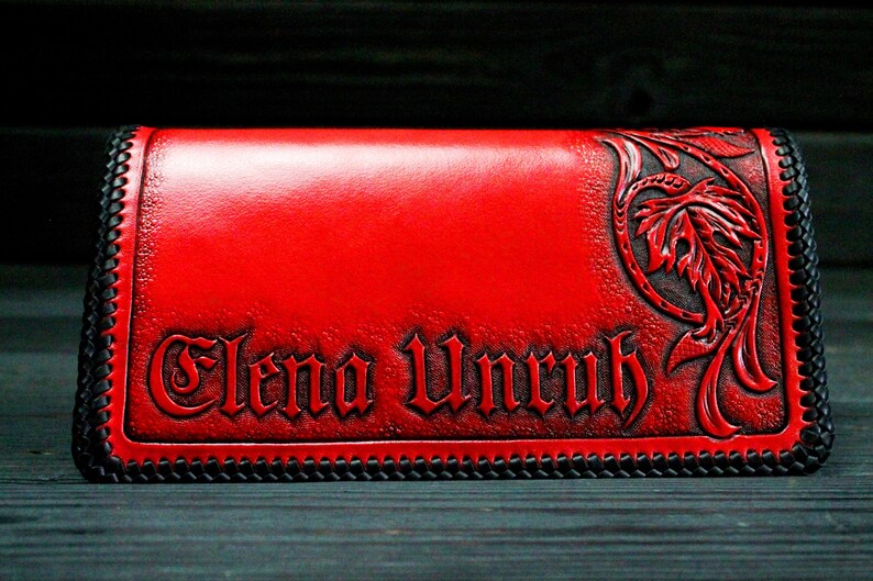 Personalized Red Leather Long Wallet Sheridan, Name Engraved Wallet ...