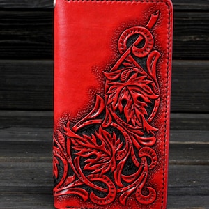 Cartera larga de cuero rojo para mujer Sheridan, Cartera larga de cuero rojo hecha a mano para mujer, Bolso largo de cuero ultrafino Flores, Diseño personalizado