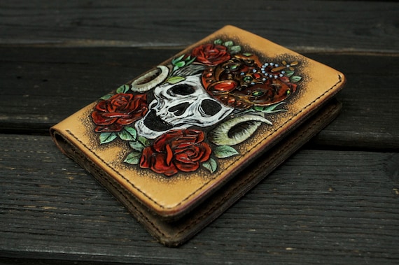  Men's 3D Genuine Leather Wallet, Money clip, Hand-Carved, Hand- Painted, Leather Carving, Custom wallet, Personalized wallet, Skull,  Skeleton, Rose : Handmade Products