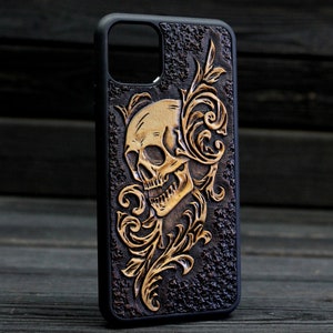 Custodia per telefono in pelle fatta a mano Victorian Skull per iPhone 11 Pro Max, custodia in pelle per iPhone Teschio, custodia per telefono in pelle in stile gotico Skull