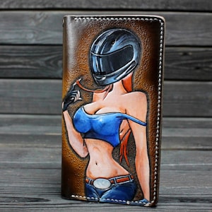 Billetera larga de cuero hecha a mano para mujeres Lady Biker, Billetera larga hecha a mano Motociclista Chica, Billetera larga para mujeres con sello de mano Motocicletas Niña