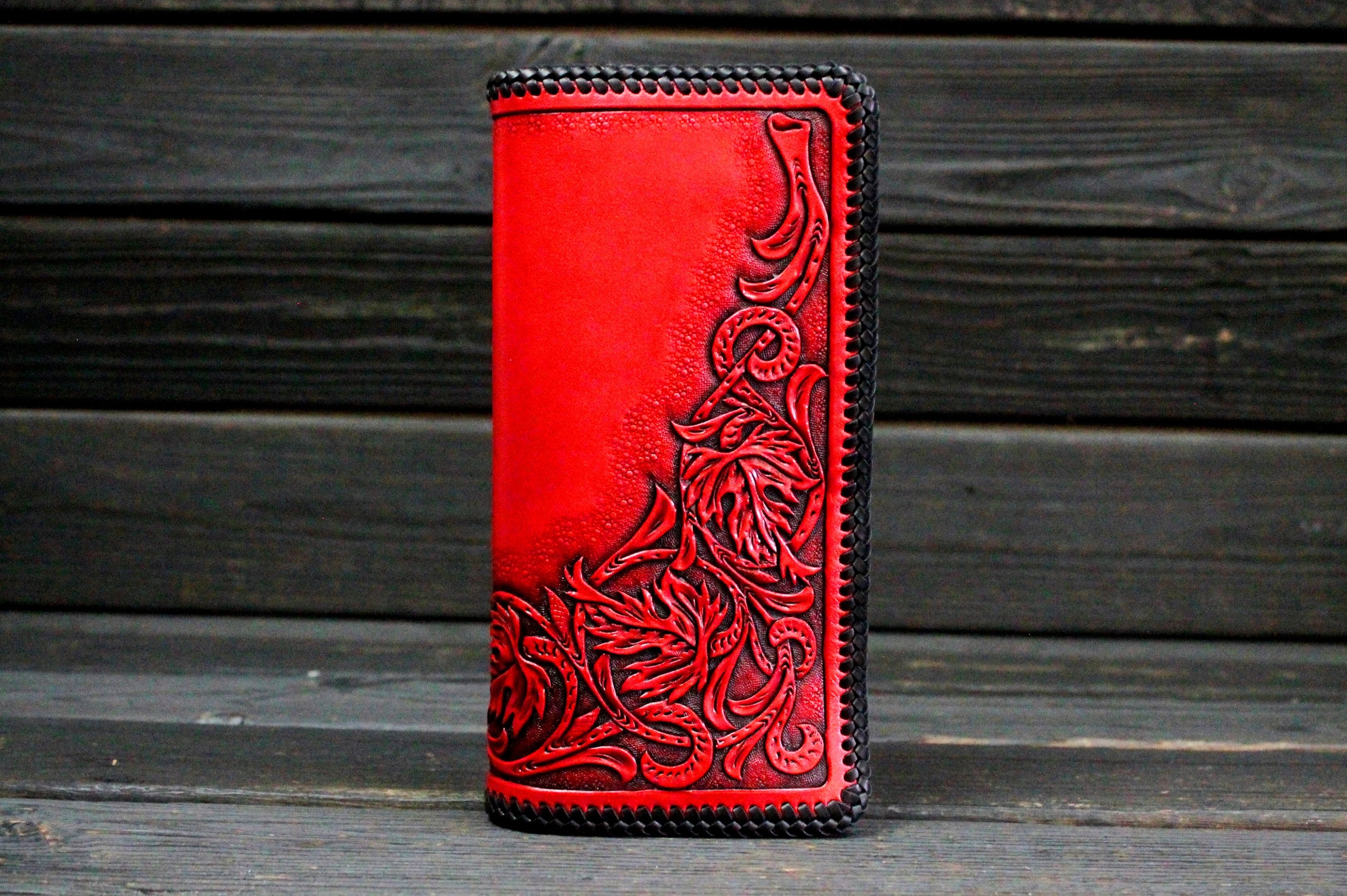 Personalized Red Leather Long Wallet Sheridan, Name Engraved Wallet ...