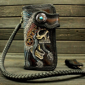 Handcarved long wallet American Indian Chief Skull Headdress, Handstamped long wallet Indian Skull, Handmade wallet American Indian Skull