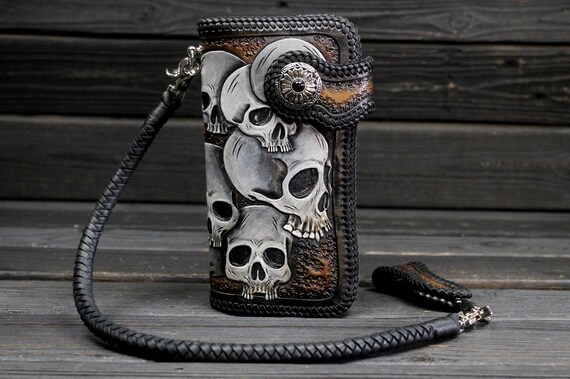 Biker's Handcarved Leather Wallet Skulls, Brown Leather Long