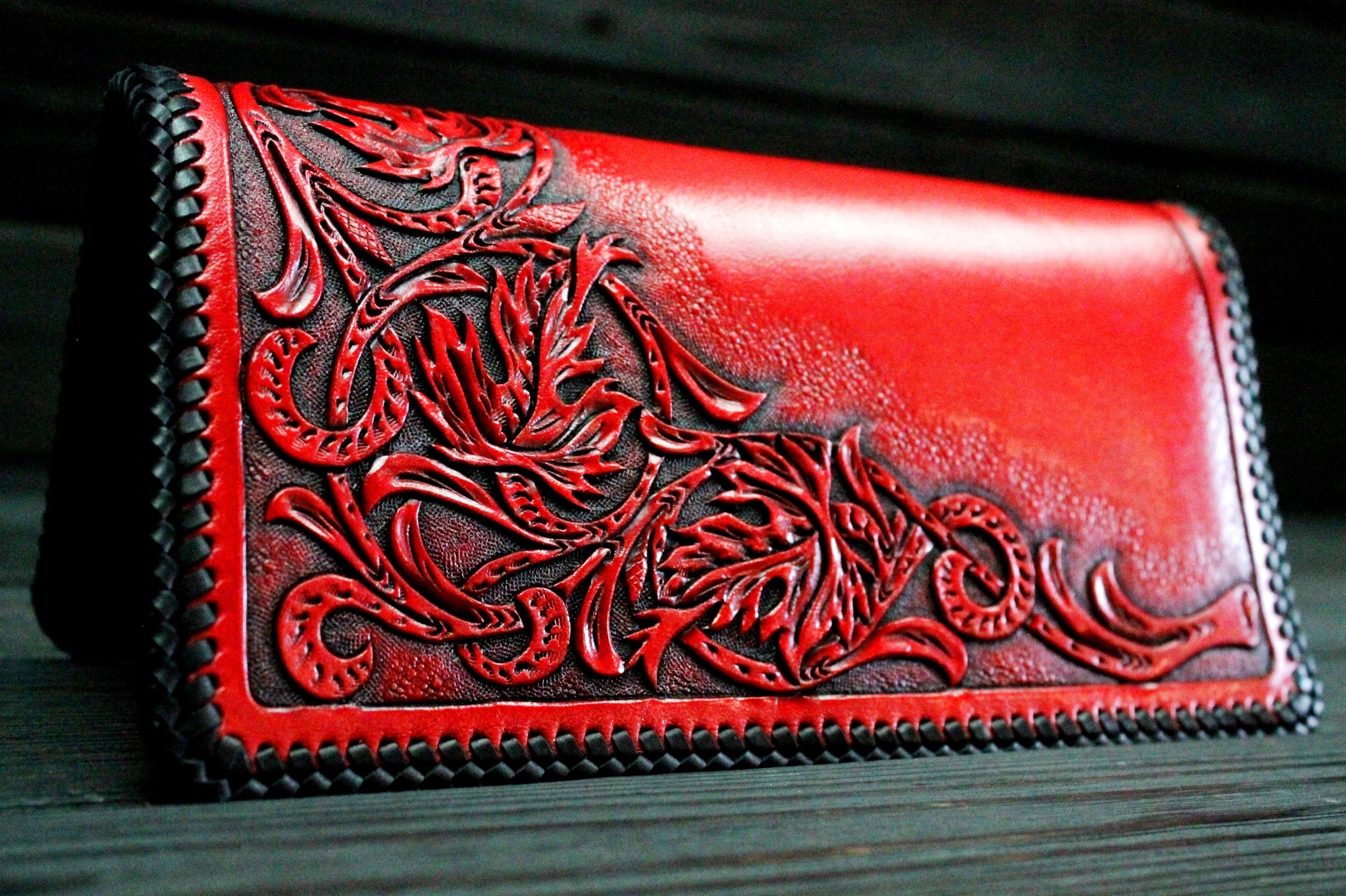 Personalized Red Leather Long Wallet Sheridan, Name Engraved Wallet ...