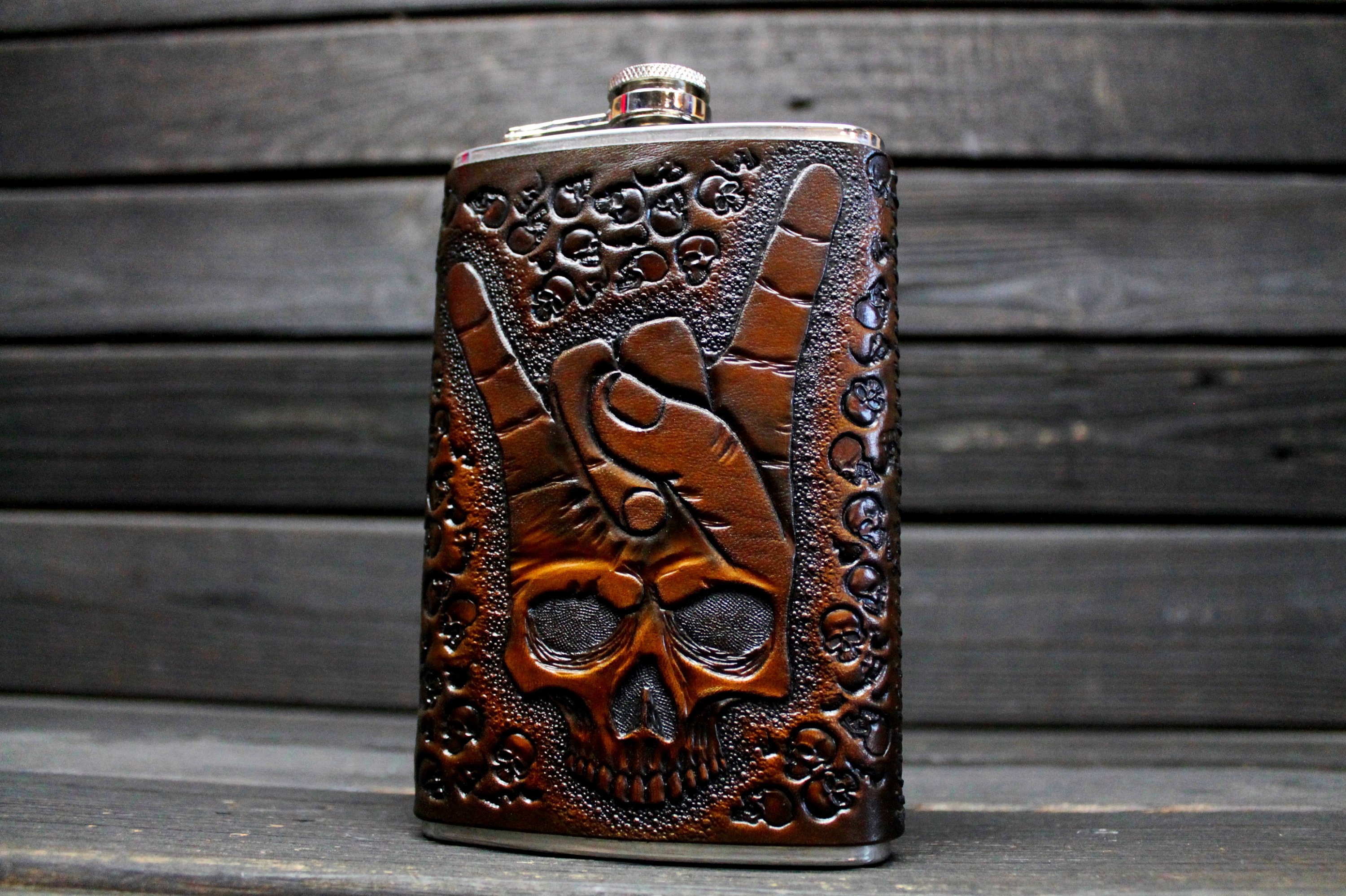 Stainless steel handmade brown leather hip flask Skull, Biker's leather hip flask Skull, Rocker's leather hip flask Rock'n'Roll Skull