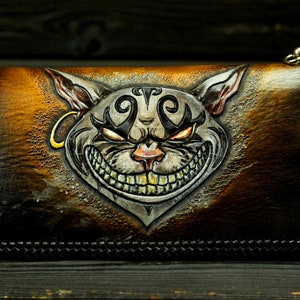Billetera larga de cuero marrón hecha a mano Cheshire Cat, Billetera larga de cuero hecha a mano Alicia en el País de las Maravillas, Bolso de cuero para mujer Cheshire Cat