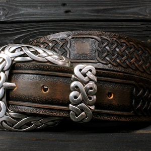 Brown leather celtic handcrafted belt, Celtic leather belt, Handmade celtic belt, Celtic ornament buckle, Knight&#39;s handstamped leather belt