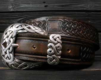 Brown leather celtic handcrafted belt, Celtic leather belt, Handmade celtic belt, Celtic ornament buckle, Knight's handstamped leather belt