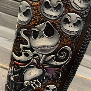 Billetera larga de cuero marrón hecha a mano Christmas Jack, billetera de cuero artesanal Cristmas Jack, billetera larga handtolled Christmas Jack