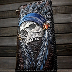 Handmade leather long wallet American Indian Chief Skull, Handstamped bikers long wallet Indian Skull, Handcrafted long wallet Indian Skull