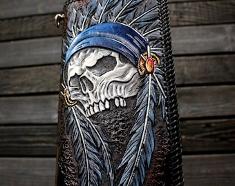 Handmade leather long wallet American Indian Chief Skull, Handstamped bikers long wallet Indian Skull, Handcrafted long wallet Indian Skull