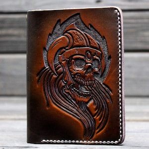Carteira artesanal de couro marrom Viking, carteira de couro marrom feita à mão Caveira, carteira de couro personalizada, bolsa artesanal de couro marrom