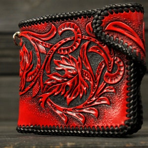 Carteira feminina de couro vermelho Sheridan, Bolsa feminina de couro vermelho artesanal, Carteira feminina releather bifold feita à mão Sheridan, Carteira clássica
