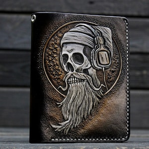 Carteira de motociclista de couro marrom esculpida à mão Caveira barbuda, Bolsa marrom feita à mão Caveira, Couro artesanal dobrável Caveira, Carteira de design personalizado