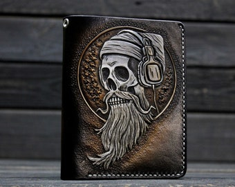 Handcarved brown leather biker's wallet Bearded Skull, Handcrafted brown purse Skull, Handmade leather bifold Skull, Custom design wallet