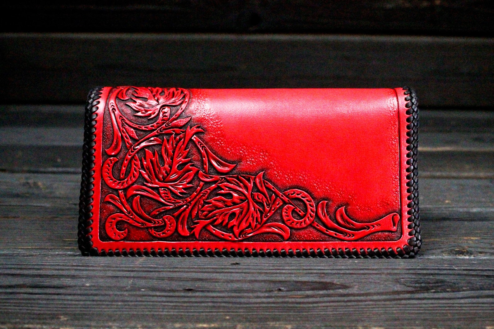 Personalized Red Leather Long Wallet Sheridan, Name Engraved Wallet ...
