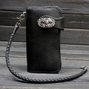 Billetera larga de motociclista de cuero negro hecha a mano Skull con cordón de cuero trenzado, billetera larga de biker con cadena, billetera de cuero bikers Skull