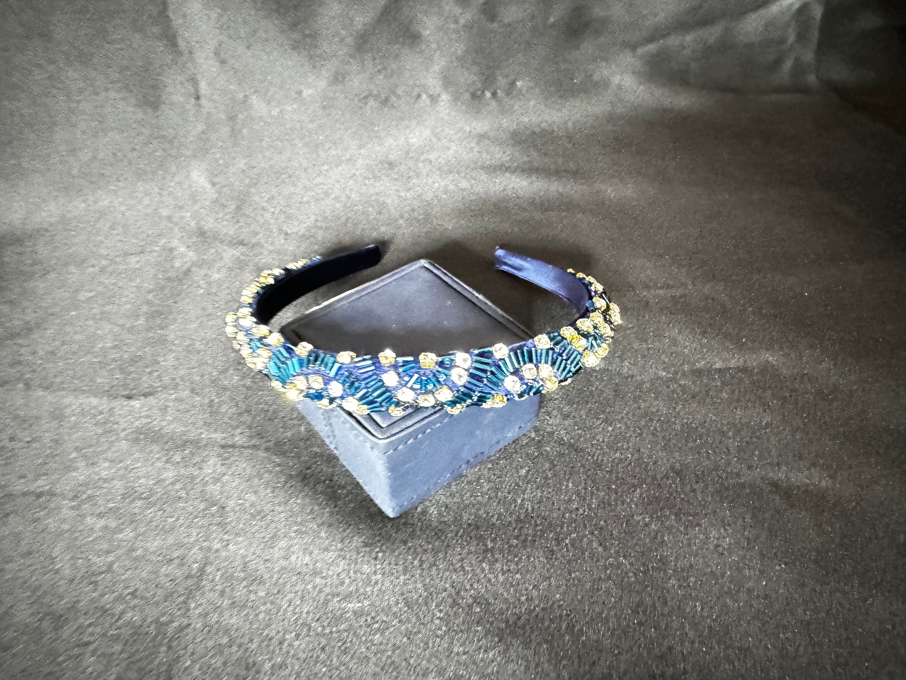 Vintage Blue Beaded Handmade Headband with Rhinestone Buckle Jewelled Headband Blue - Etsy main image 2