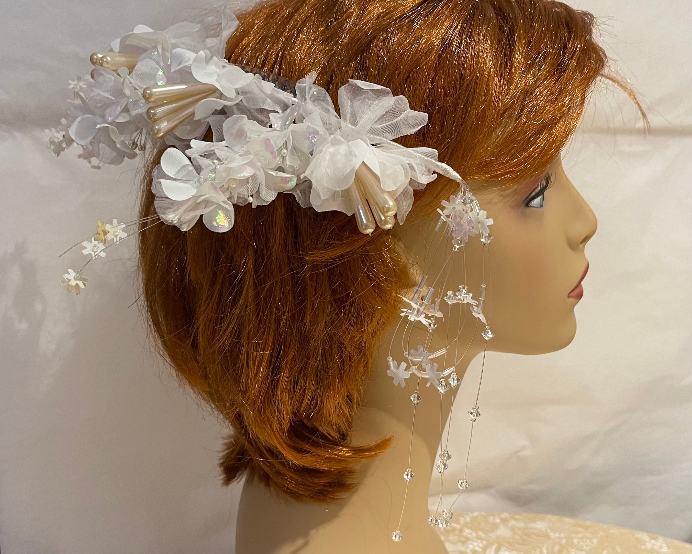 ivory floral bead pearl and crystal comb Bridal headpiece, hair accessory with flowers - Double  main image 2