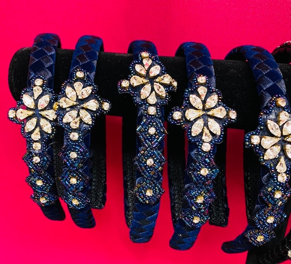 Vintage Blue Velvet Rhinestone Headband, Re-embellished Hair  display picture 2