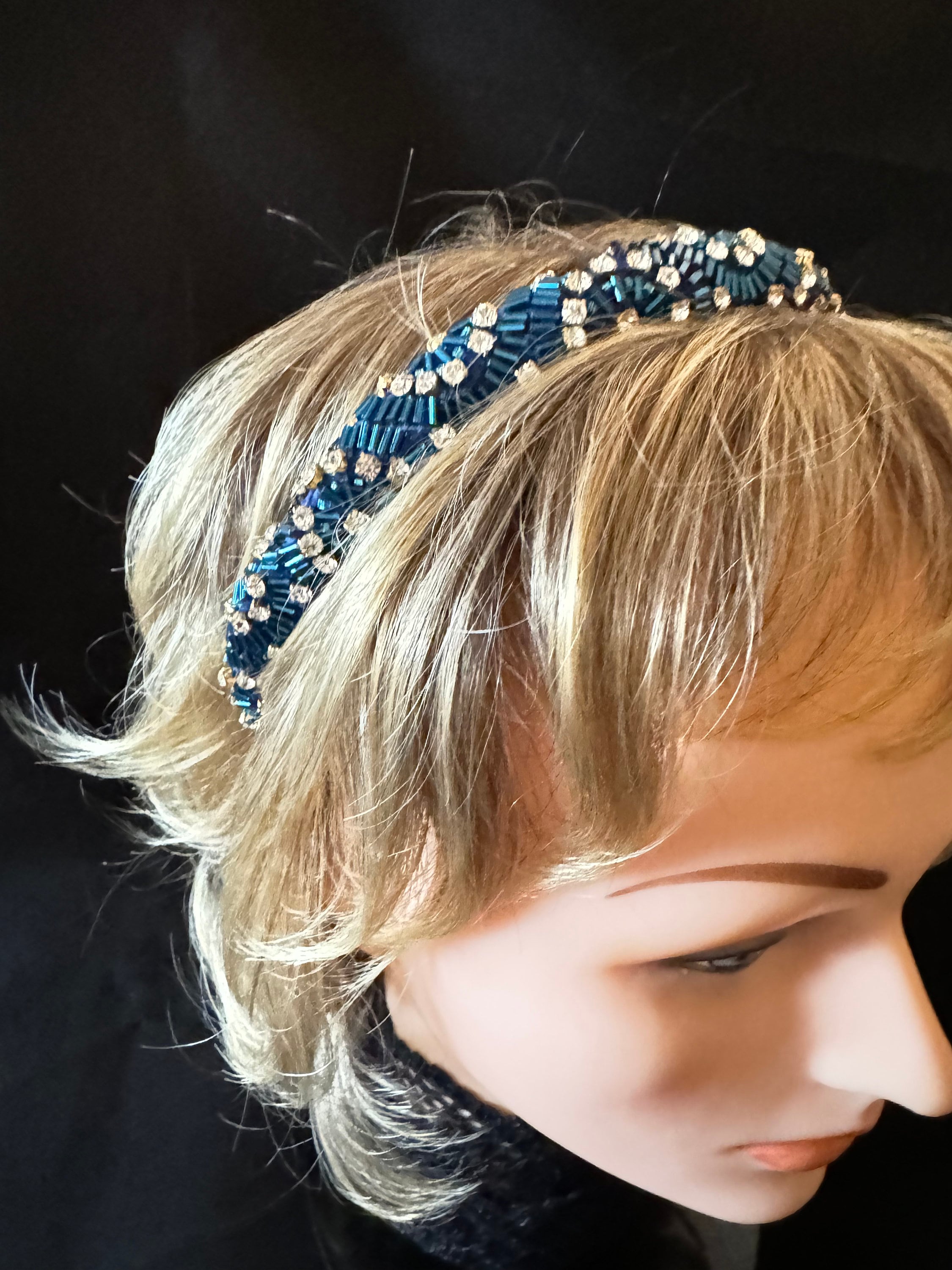 Vintage Blue Beaded Handmade Headband with Rhinestone Buckle Jewelled Headband Blue - Etsy main image 3